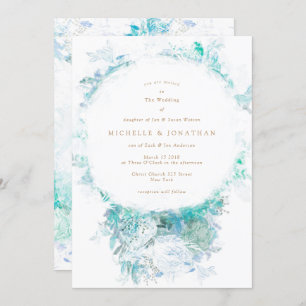 Winter Blue Green Flowers Boho Wedding Invitation