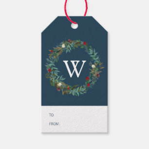 Winter Blue Holiday Wreath Monogram Gift Tag