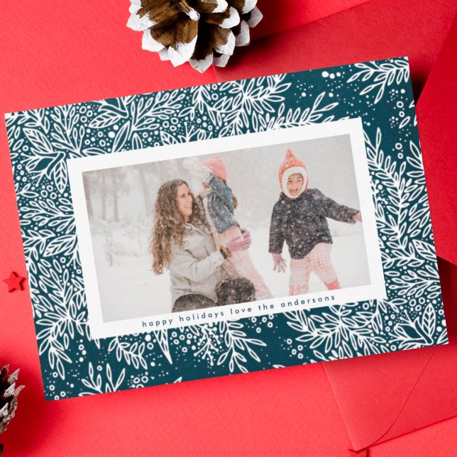 Winter Blue & Icy White Christmas Botanicals Photo Holiday Card (Creator Uploaded)