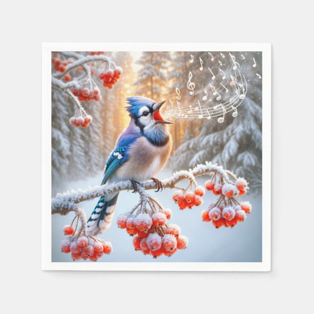 Winter Blue Jay Singing On a Red Berry Tree Napkin (Front)