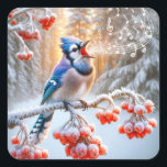 Winter Blue Jay Singing On a Red Berry Tree Square Sticker<br><div class="desc">A blue jay is perched on a snow-covered branch with bright red berries singing and producing music notes that float in the air</div>