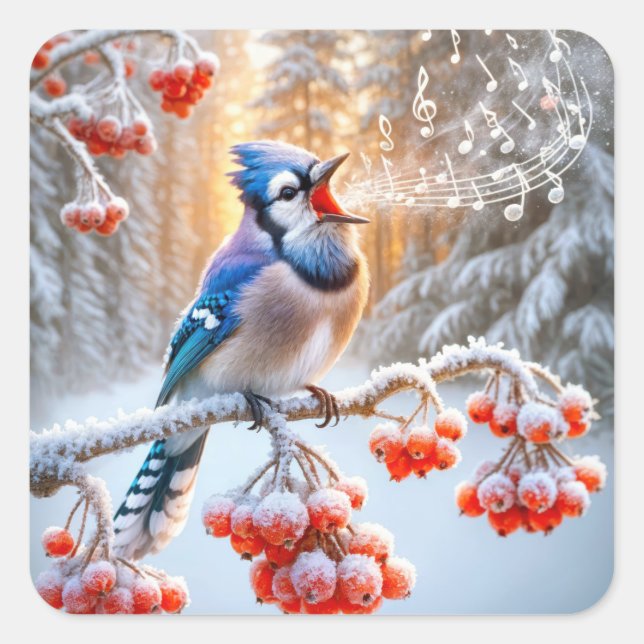 Winter Blue Jay Singing On a Red Berry Tree Square Sticker (Front)