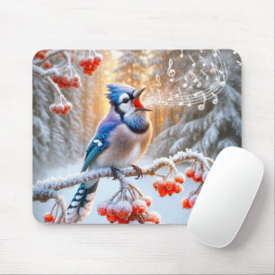 Winter Blue Jay Singing On Berry Tree Mouse Pad