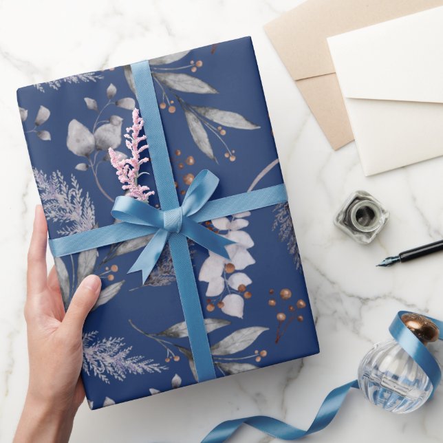 Winter Blue Leaves Berries Pine Festive Watercolor Wrapping Paper (Gifting)