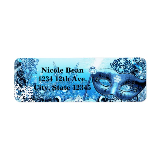 Winter Blue Masquerade Mask & Snowflakes Elegant Return Address Label (Front)