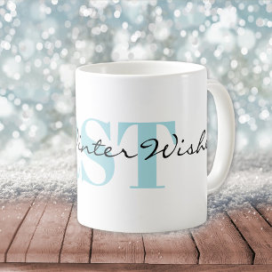 Winter Blue Monogram and Warm Winter Wishes Coffee Mug
