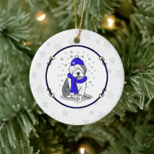 Winter Blue Old English Sheepdog Dog (Grey 1) Cute Ceramic Ornament
