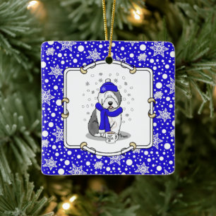 Winter Blue Old English Sheepdog Dog (Grey 1) Cute Ceramic Ornament