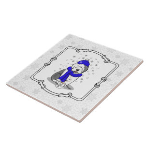 Winter Blue Old English Sheepdog Dog (Grey 1) Cute Ceramic Tile