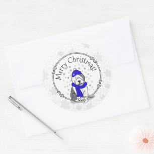 Winter Blue Old English Sheepdog Dog (Grey 1) Cute Classic Round Sticker