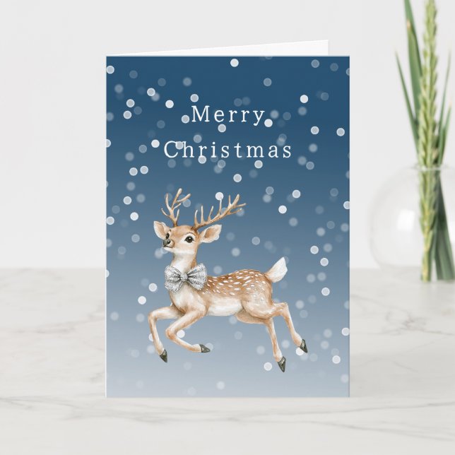Winter Blue Ombre White Confetti Deer Christmas Card (Front)