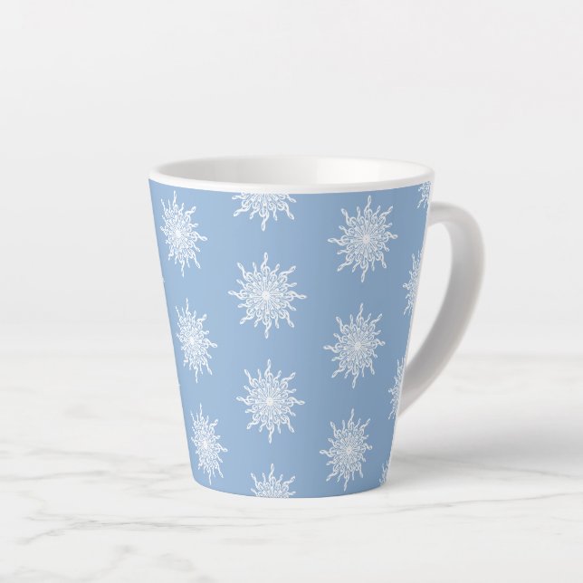 Winter Blue Ornamental G-Clef Snowflake Pattern Latte Mug (Right Angle)