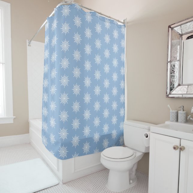 Winter Blue Ornamental G-Clef Snowflake Pattern Shower Curtain (In Situ)