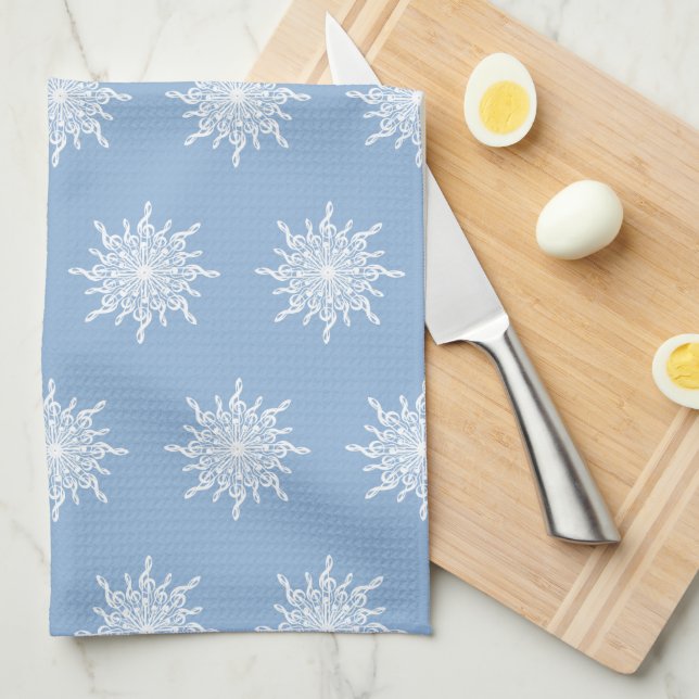 Winter Blue Ornamental G-Clef Snowflake Pattern Tea Towel (Quarter Fold)