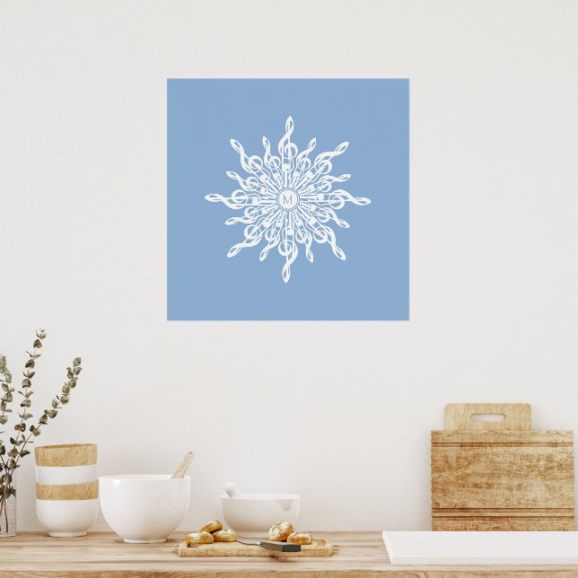 Winter Blue Ornamental Monogram G-Clef Snowflake Poster (Kitchen)
