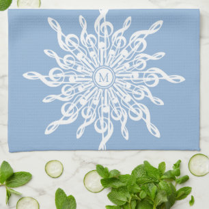 Winter Blue Ornamental Monogram G-Clef Snowflake Tea Towel