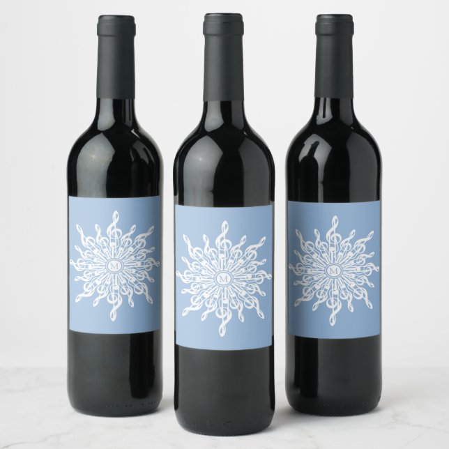 Winter Blue Ornamental Monogram G-Clef Snowflake Wine Label (Bottles)