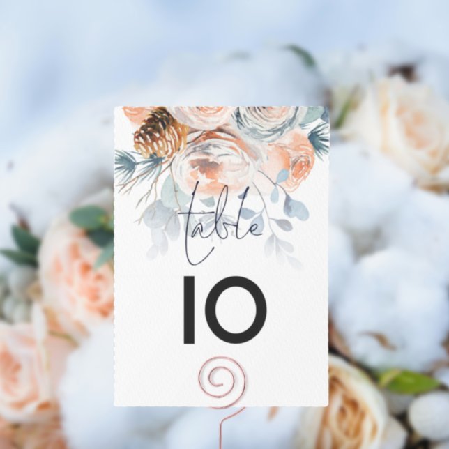 Winter Blue Peach Florals Script Wedding Table Number (Creator Uploaded)