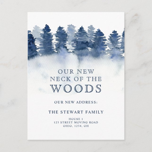 Winter blue pine tree new neck woods home moving announcement postcard (Front)