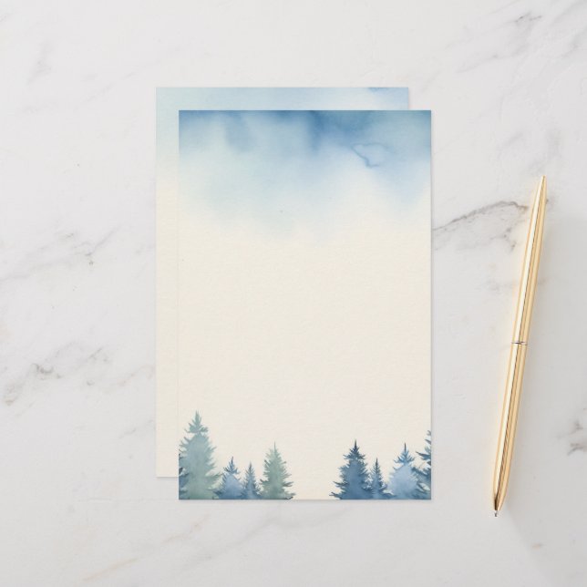 Winter blue pine trees plain stationery (Front/Back In Situ)