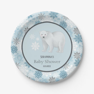 Winter Blue Polar Bear Snowflake Baby Shower Paper Plate