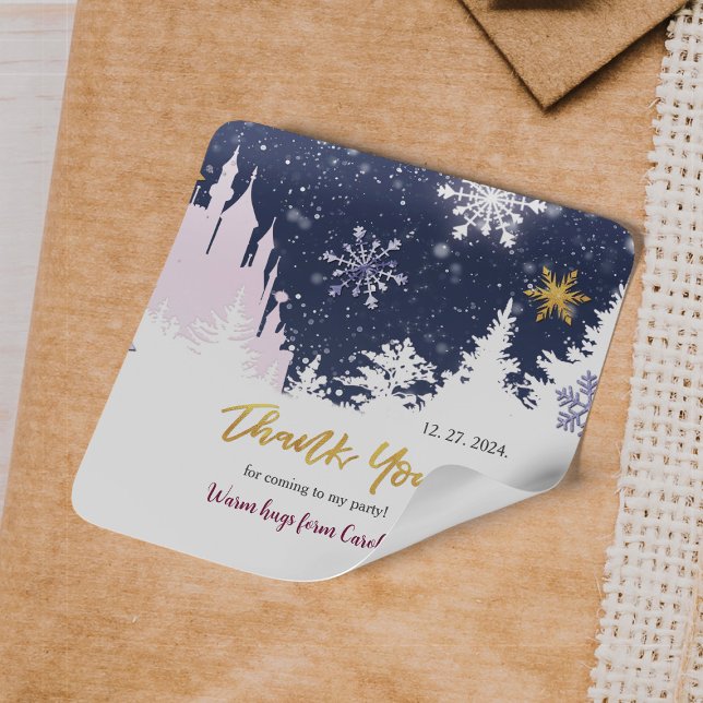 Winter Blue Purple Gold Snowflakes Magic Birthday Square Sticker (Creator Uploaded)