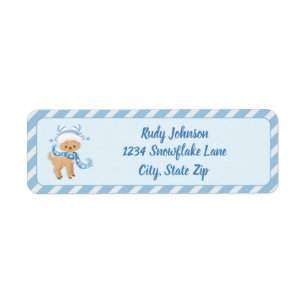 Winter Blue Reindeer Diagonal Stripes Return Address Label