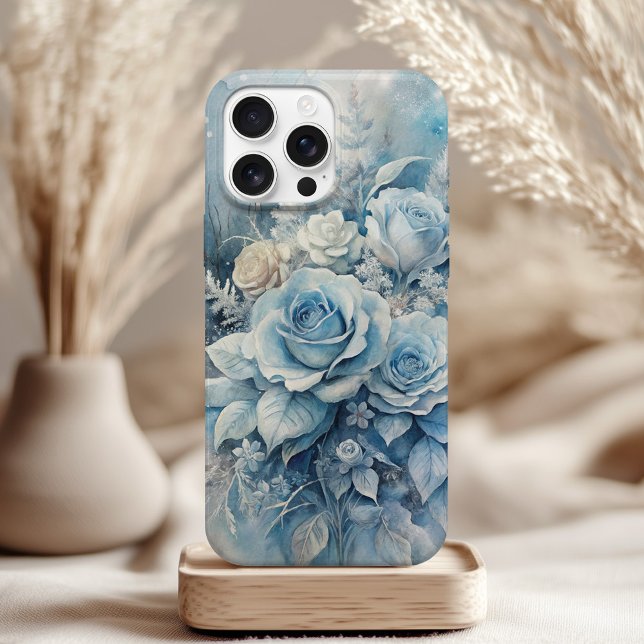 Winter Blue Roses - Elegant Ice Floral  iPhone Case (Winter Blue Roses - Elegant Ice Floral iPhone Case on a neutral boho table)