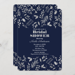 Winter Blue Silver Leaves Botanical Bridal Shower Invitation