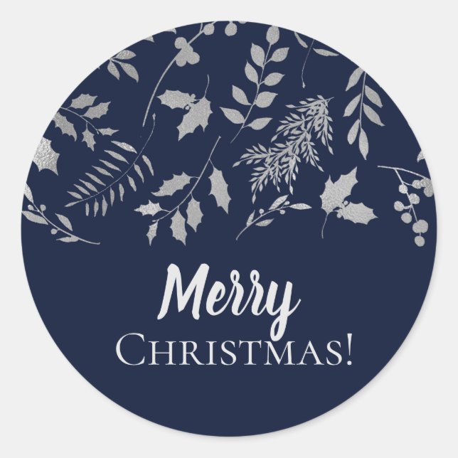 Winter Blue & Silver Leaves Botanical Holiday Classic Round Sticker (Front)