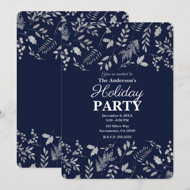 Winter Blue & Silver Leaves Botanical Holiday Invitation (Front/Back)
