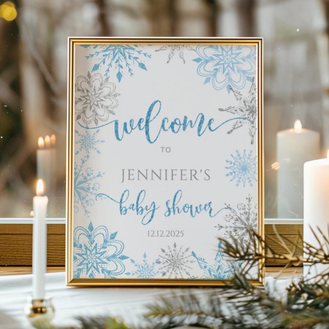 Winter blue silver snowflakes baby shower Welcome Poster (Creator Uploaded)