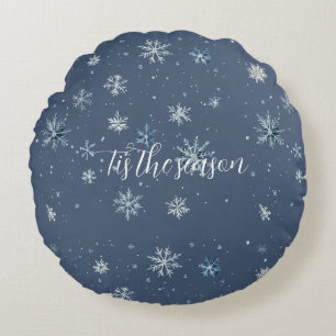 Winter Blue Silver Snowflakes Christmas Round Cushion