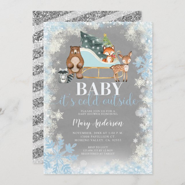 Winter Blue Silver Snowflakes Woodland Baby shower Invitation (Front/Back)