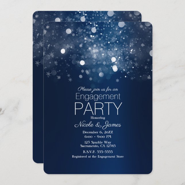 Winter Blue Silver Sparkling Lights Engagement Invitation (Front/Back)