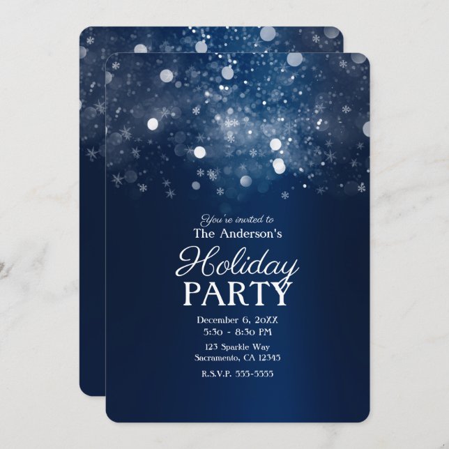 Winter Blue Silver Sparkling Lights Holiday Party Invitation (Front/Back)