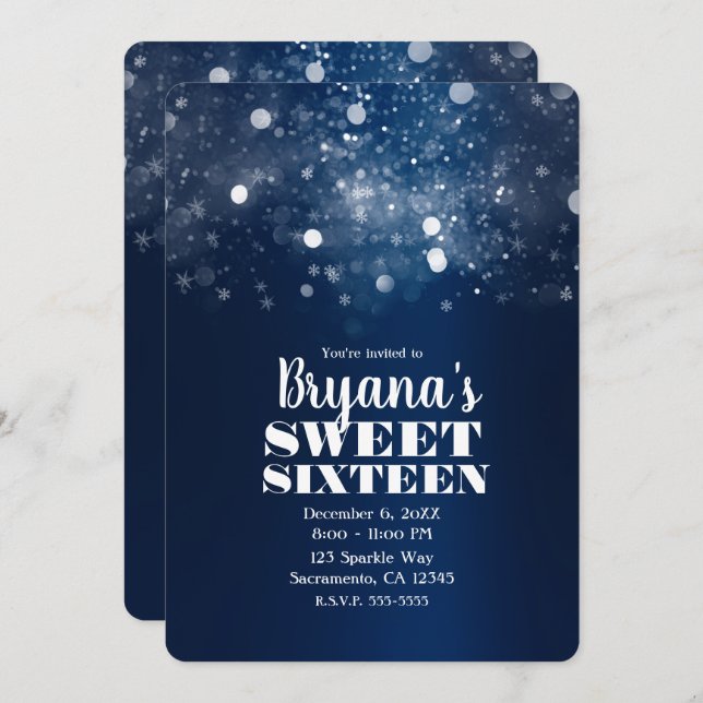 Winter Blue Silver Sparkling Lights Sweet 16 Party Invitation (Front/Back)