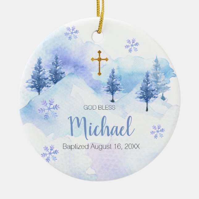 Winter Blue Snowflake Baptism Ornament God Bless (Front)