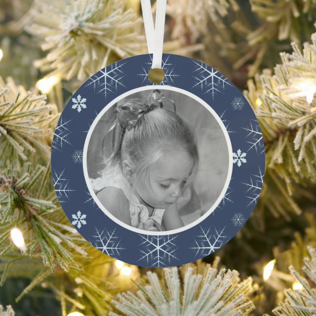 Winter Blue Snowflake Cute Photo Personalised Metal Tree Decoration (Insitu)