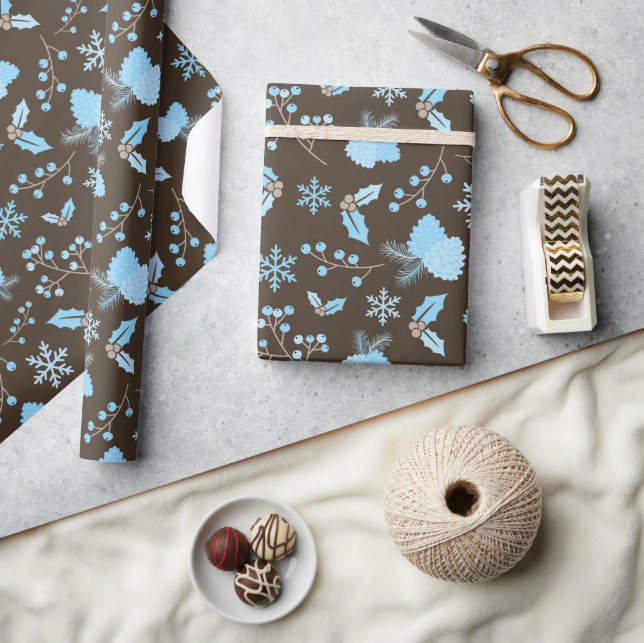 Winter Blue Snowflake Mistletoe Pinecone Seamless Wrapping Paper (Crafts)