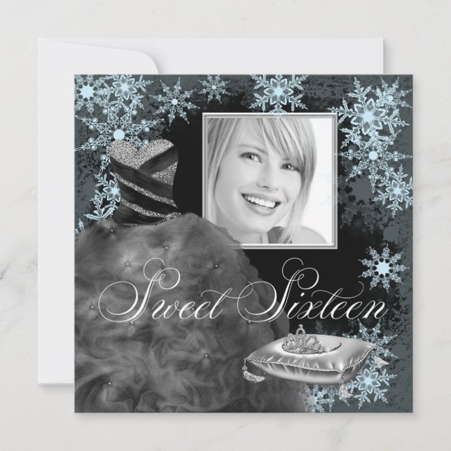 Winter Blue Snowflake Photo Sweet Sixteen Party Invitation (Front)