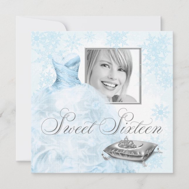 Winter Blue Snowflake Photo Sweet Sixteen Party Invitation (Front)