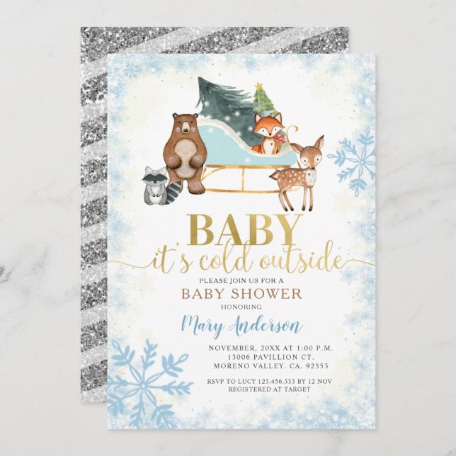 Winter Blue Snowflakes Woodland Baby shower  Invitation (Front/Back)