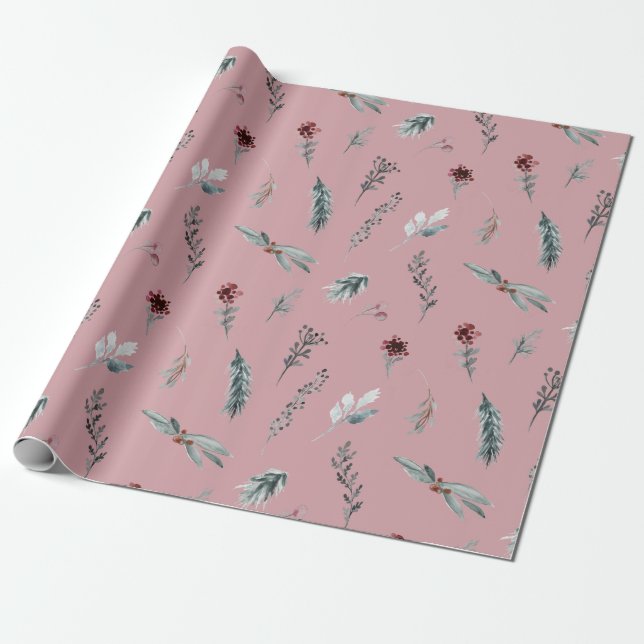 Winter Blue Spruce & Mulled Berries Dusty Rose Wrapping Paper (Unrolled)