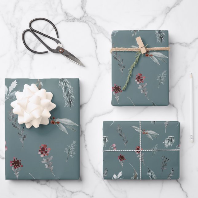 Winter Blue Spruce & Mulled Berries Slate Green Wrapping Paper Sheet (Front)