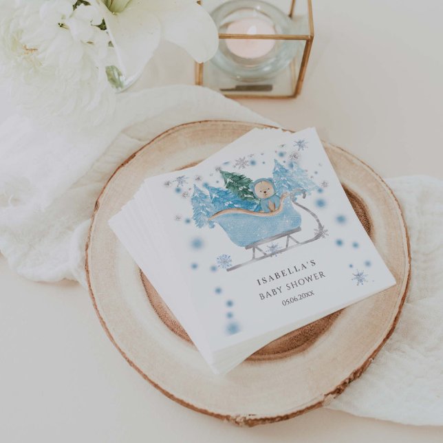 Winter Blue Teddy Bear Sleigh Boy Baby Shower Napkin (Creator Uploaded)
