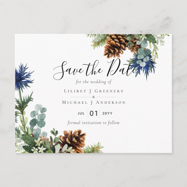 Winter Blue Thistle Eucalyptus Wedding Wonderland Postcard (Front)