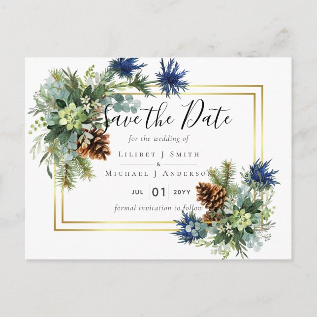 Winter Blue Thistle Eucalyptus Wedding Wonderland Postcard (Front)