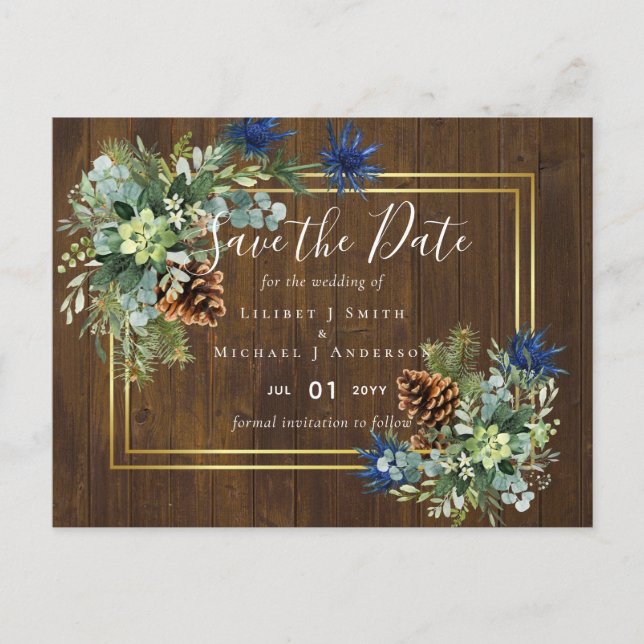 Winter Blue Thistle Eucalyptus Wedding Wonderland Postcard (Front)