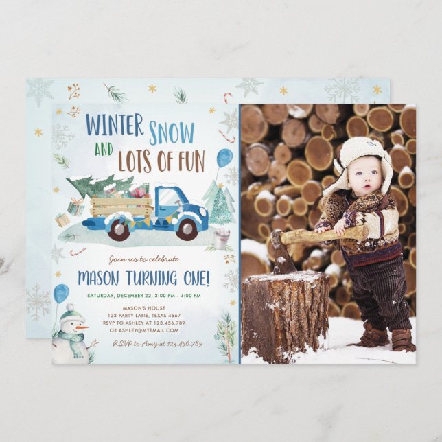 Winter Blue Truck Snow Fun Boy First Birthday Invitation (Front/Back)